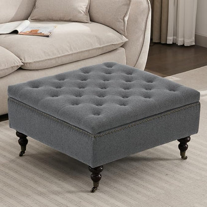 Large Square Storage Ottoman Uphlostered Tufted Button Coffee Table, Oversized Footrest Bench with Castered Rolling Wheels for Living Room, Dark Grey Linen Waterproof