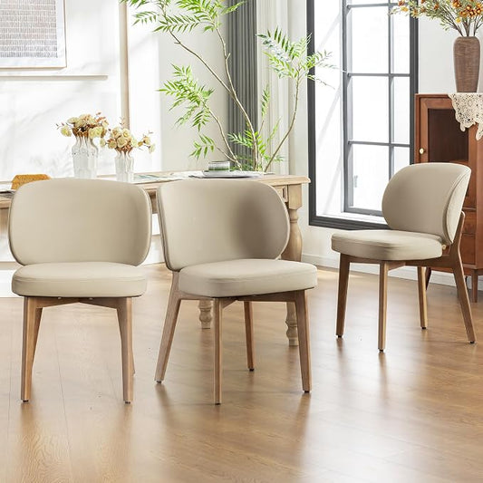 YOUNIKE Dining Chairs Set of 3 Kitchen Dining Room Chairs Modern Khaki | Faux Leather Upholstered Armless Side Accent Chair with Back 20.1" Wide Padded Seat Wooden Legs for Living Room Bedroom