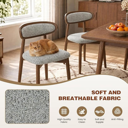 Wooden Dining Chairs Set of 4, Modern Fabric Upholstered Dining Room Chair, Kitchen Side Chairs, Farmhouse Dinner Chair with Curved Back for Kitchen, Lightgrey