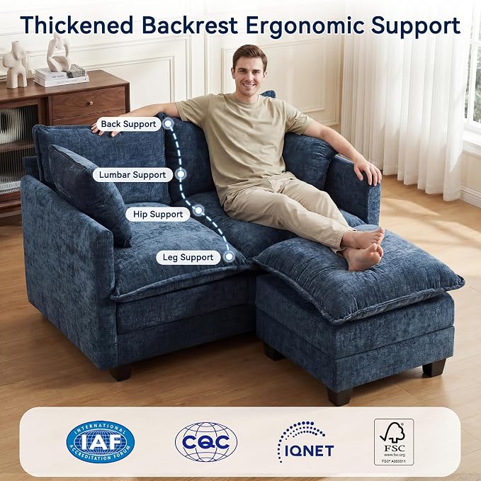 L-Shape Loveseat Sofa Couch with Ottoman, Small 50" Love Seat 27" Deep Cloud Sofa Washable Chenille Pillow for Apartment Bedroom Dorm Attic Studio Office Living Room Small Space 8833-BLUE-L