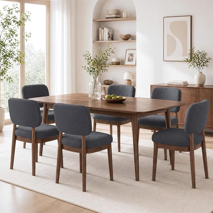 Wooden Dining Chairs Set of 6, Boucle Upholstered Kitchen Chairs with Solid Wood Legs, Mid Century Modern Dining Chairs, Farmhouse Side Chair with Hardwood Frame for Dining Room, Dark Gray