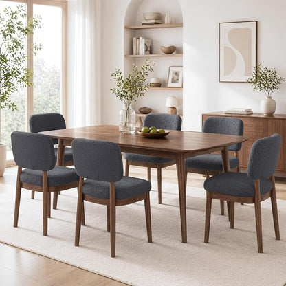 Wooden Dining Chairs Set of 6, Boucle Upholstered Kitchen Chairs with Solid Wood Legs, Mid Century Modern Dining Chairs, Farmhouse Side Chair with Hardwood Frame for Dining Room, Dark Gray