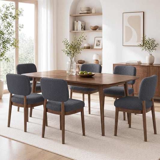 Wooden Dining Chairs Set of 6, Boucle Upholstered Kitchen Chairs with Solid Wood Legs, Mid Century Modern Dining Chairs, Farmhouse Side Chair with Hardwood Frame for Dining Room, Dark Gray
