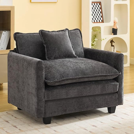 WUTUTUEE 41'' Modern Chenille Oversized Chair, Upholstered Accent Living Room Chair with Extra Thicked Deep Seat, Single Lounge Chair for Bedroom, Small Apartment, Dark Grey