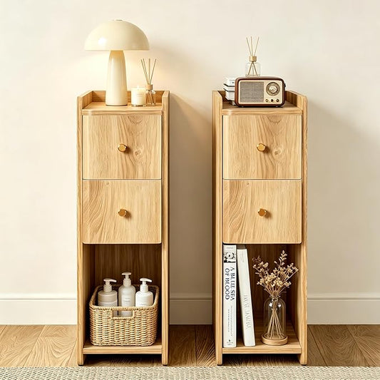 Narrow Nightstand Set of 2, Wooden Small 2 Drawer Nightstand, Slim Side End Table, Skinny Bedside Table, Mid Century Modern Night Stand with Drawers, for Living Room (Natural 2-2 pcs)