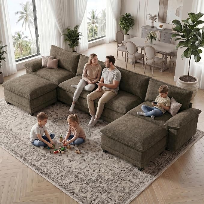 Modern U Shaped Sofa Couches for Living Room, Modular Sectional Cloud Couch with Movable Ottoman, Comfy Chenille Sofa for Apartment and Small Space, Taupe