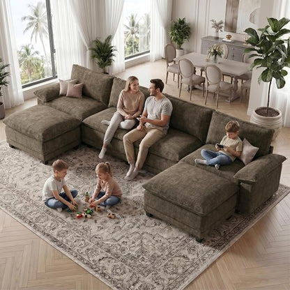 Modern U Shaped Sofa Couches for Living Room, Modular Sectional Cloud Couch with Movable Ottoman, Comfy Chenille Sofa for Apartment and Small Space, Taupe