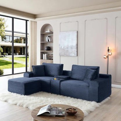 ivoros 111 Inch Modular Sectional Sofa Couch, Oversized Modern Cloud Couch for Living Room, L Shape Couches with Ottomans, USB Ports and Cup Holders, Blue Corduroy Boneless Sofas, Sofa in a Box