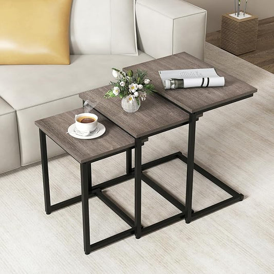 GOFLAME Nesting Coffee Tables Set of 3, Rectangular Nesting Center Table with Wood Grain Top & Metal Frame, Modern C-Shaped Nested Side Table Set for Living Room, Bedroom, Black & Oak