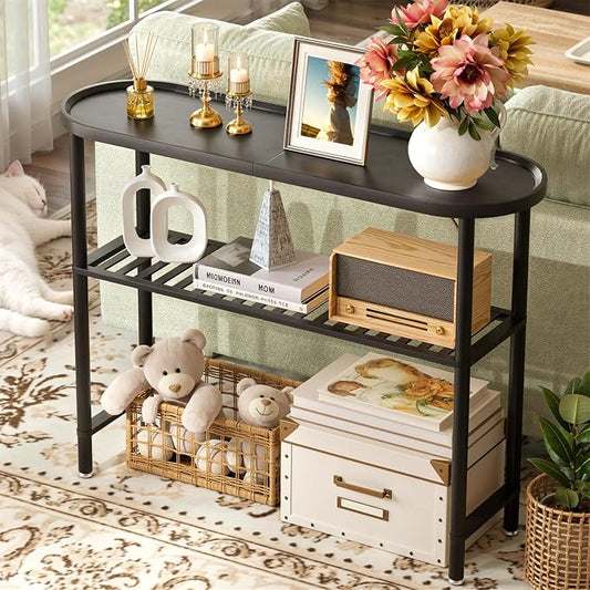 Black Entryway Table for Hallway Bamboo 39.4", Outdoor Console Table Oval Top, Sofa Table Behind Couch 2-tier, TV Stand Plant Stand with Anti-fall Edge, 5min Easy Assembly, 39.4"L x 11.8"W x 29.7"H
