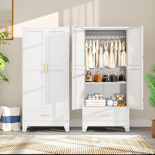 Metal Armoire Wardrobe Closet with Drawers,Storage Cabinet with Hanging Rod,71'' Metal Wardrobe Cabinet with 2 Doors and Adjustable Shelves for Bedroom, Laundry Room, Cloak Room