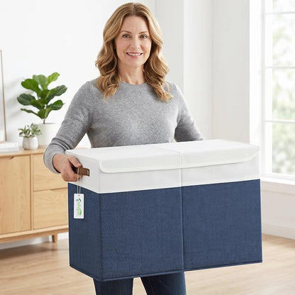 Bagnizer Large Toy Storage Box with Lids, Collapsible Sturdy Baby Storage Organizer Chest Bin Basket for Kids, Boys, Girls, Playroom, Nursery, Bedroom, Closet 25"x13"x16" (Navy Blue and White)