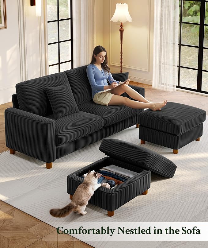 Welzona 70.2" Couches for living room, Comfy U Shaped Couch Black 7.1" Thicker Cushion, Sofas for Living Room Tool-Free Setup, Loveseat with Ottoman 7058lbs Support, Corduroy Couch for Bedroom, Office