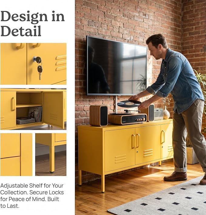 3 Door Lockable Metal TV Stand Storage Cabinet with Accent Cabinet Locker, Wide Heavy Duty Media Console for Large 100+ Inch TVs, Home Office Entertainment Center, Yellow 22"H X 47.3"W X 13.8"D