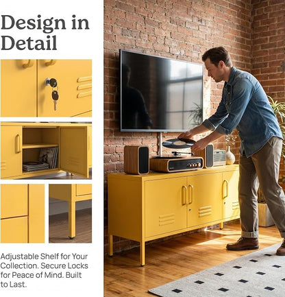 3 Door Lockable Metal TV Stand Storage Cabinet with Accent Cabinet Locker, Wide Heavy Duty Media Console for Large 100+ Inch TVs, Home Office Entertainment Center, Yellow 22"H X 47.3"W X 13.8"D