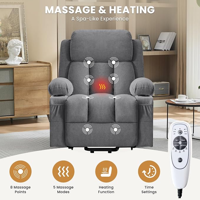 MAHOMICO Power Lift Recliner Chair for Elderly with Vibration Massage and Lumbar Heating Electric Oversized Single Sofa with Cup Holder and USB Charge Port for Living Room