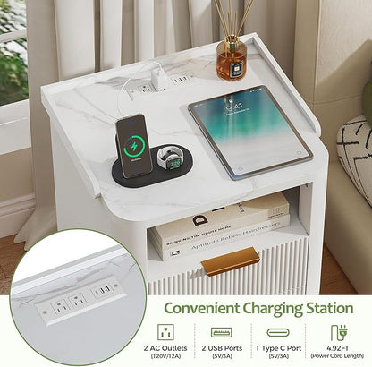 Turosur Night Stand with Charging Station, Fluted Nightstand with 2 Drawers and LED Light, Wood Bedside Table with Open Storage for Bedroom, White