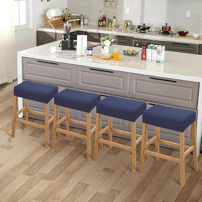 YISUN Stool Covers Rectangle - 4 Pack Stretch Waterproof Saddle Seat Cover Counter Bar Stools Bar Chairs Covers Kitchen Island Chairs Cushion Protector (4, Argyle-Navy Blue)