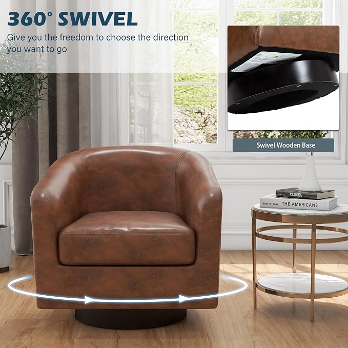 Faux Leather Swivel Barrel Accent Chairs Set of 2, Comfy Club Chair Upholstered Round Armchair for Lving Room, Coffee