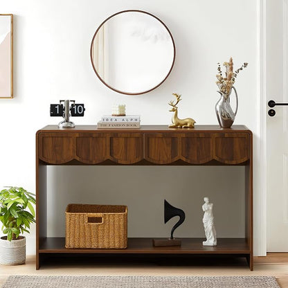 ORRD Console Table with Drawers, Mid-Century 43 Inches Narrow Entryway Tables with Open Storage Shelves, Hallway Accent Tables Behind Couch Table for Living Room - Walnut