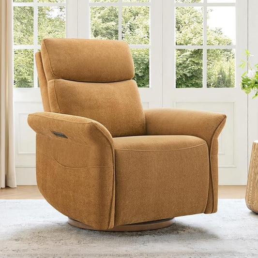 CHITA Power Recliner Chair, Electric Triple-Motor Swivel Glider Nursery Rocking Chair with Adjustable Power Headrest and Lumbar Support, GREENGARD Gold Certified, Solid Wood Base, Cognac