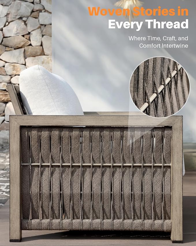 Patio Sofa Chair, Never Rusts Aluminum Outdoor Armchair with Washable Cushions, Rope Weave Outdoor Sofa Chair Patio Sofa Armchair, Deep Seating Patio Furniture for Garden, Porch, Gray Oak