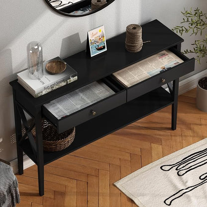 ChooChoo 47" Console Table with Drawers, Narrow Wood Accent Sofa Table Entryway Table with Storage Shelf for Entryway, Front Hall, Hallway, Living Room, Black