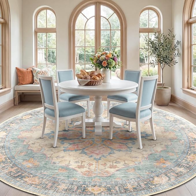RELEANY Area Rugs Round 8ft Washable Non-Slip, Floral Vintage Distress Medallion Carpet for Living Room Bedroom Dining Room, Blue Orange Red
