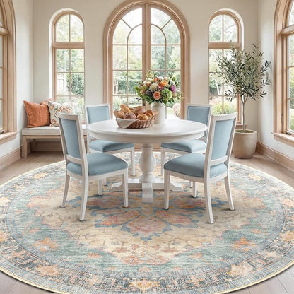 RELEANY Area Rugs Round 8ft Washable Non-Slip, Floral Vintage Distress Medallion Carpet for Living Room Bedroom Dining Room, Blue Orange Red