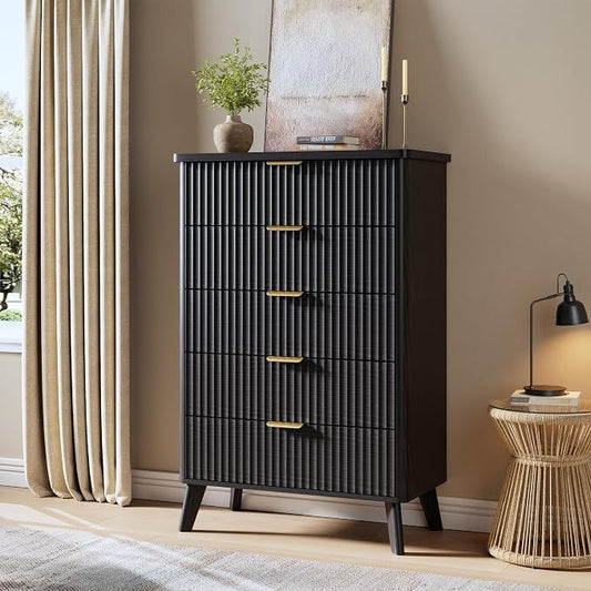GarveeHome Fluted Dresser for Bedroom with 5 Deep Drawers, 47.2 in Tall Chest of Drawers, Curved Profile Design, Modern Wooden Dresser, for Living Room, Kids Room, Hallway, Black