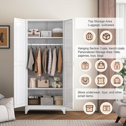 Metal Wardrobe Cabinets,Armoire Wardrobe Closet with Hanging Rod,Clothes Storage Cabinet with Adjustable Shelves and Doors,Clothing Cabinet for Bedroom,Office, Laundry Room
