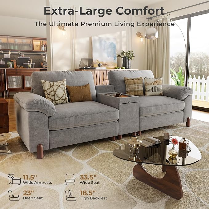 SITJOY Large Cloud Couch, 100" Wide Loveseat Sofa, Chenille in Light Gray | Detachable and Washable Chenille Cover Sectional Sofas for Living Room, Deep Seat Wide Couch with Cuphoders