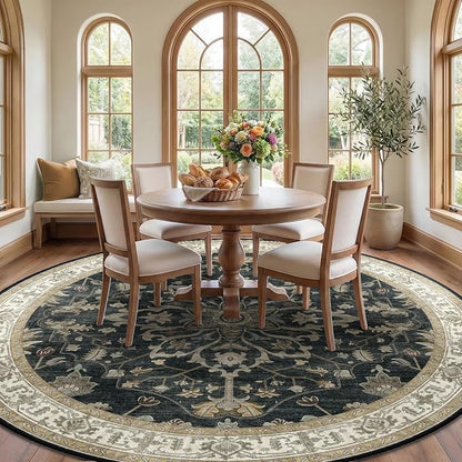 RELEANY Area Rugs Round 10ft Washable Non-Slip, Floral Vintage Distress Medallion Carpet for Living Room Bedroom Dining Room, Vintage Black Brown Neutral