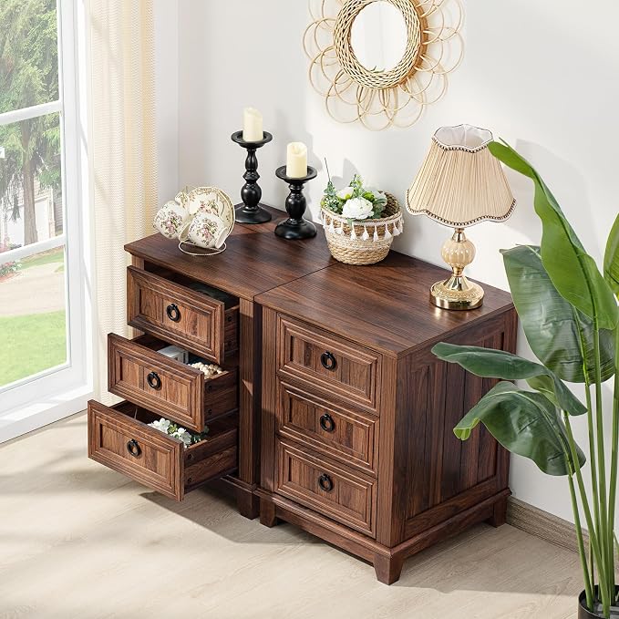 Joaxswe Farmhouse Nightstand Set of 2, 18 Inch End Table with 3 Drawer Metal Handle, Dresser for Bedroom, Sofa Bed Side Table Chest of Drawers,Wood Night Stand Cabinet for Organizer, Living Room-Brown