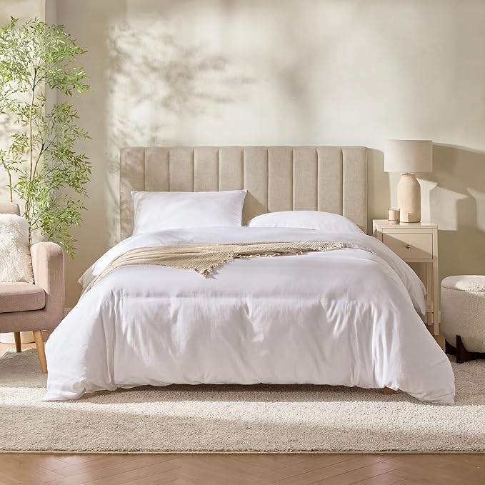 Hearth & Harbor Wall Mounted Full Headboard Only, Bed Headboard Full Size | Easy Assemble, Floating Peel and Stick, Upholstered, Channel Stitched, 3D Wall Panels, 5 Strips of 3M Tape Included, Beige