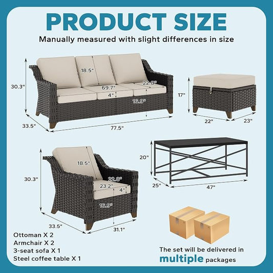 6 Pieces Outdoor Conversation Furniture Set - 77" Patio Sofa, 2 Armchairs, 2 Ottomans, 1 Metal Table, Patio Wicker Couch Set with Washable Cushions for Swimming Pool (Beige)