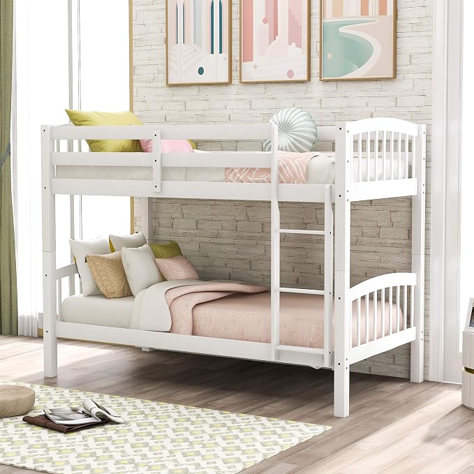 Merax Twin Over Twin Bunk Bed with Ladder and Guardrails,Convertible Bunk Bed can be Two Platform Beds(White)
