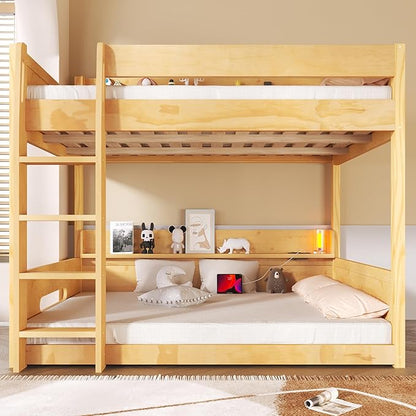 Wood Bunk Bed Queen over Queen Size with Built-in Storage Shelves and USB Ports on Upper and Lower, Versatile Bunk Bed Frame with Ladder and Guardrail for Kids Teens Adult, Maximize Space (Wood-1.1)