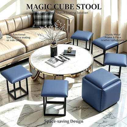 5 in 1 Nesting Ottoman Cube Chair, Stackable Stools, Leather Square Ottoman Bench, Foot Stool with Wheels for Living Room,Dining Room 15.75x15.75x16.54 inches