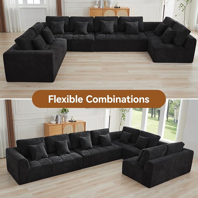 170''Modular Sectional Couches for Living Room, Cloud Boneless Compressed Sectional Sofa, Oversized U Shaped 8 Seater Upholstered Memory Foam Sofa, No Assembly, Chenille Black