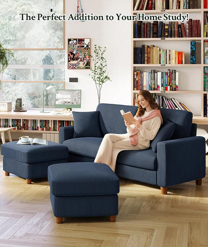 Welzona 70.2" Couches for Living Room, Comfy U Shaped Couch Blue 7.1" Thicker Cushion, Sofas for Living Room Tool-Free Setup, Loveseat with Ottoman 7058lbs Support, Corduroy Couch for Bedroom, Office