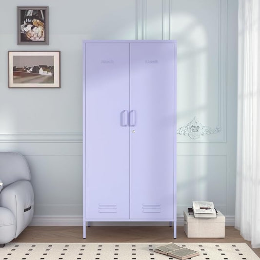 Industrial 67" Purple Lockable Metal 2-Door Storage Cabinet, Multi-Purpose Wardrobe with Hanging Rod & Adjustable Shelves, Heavy Duty for Bedroom, Garage, Home Office 67"H X 31.5"W X 18.1"D