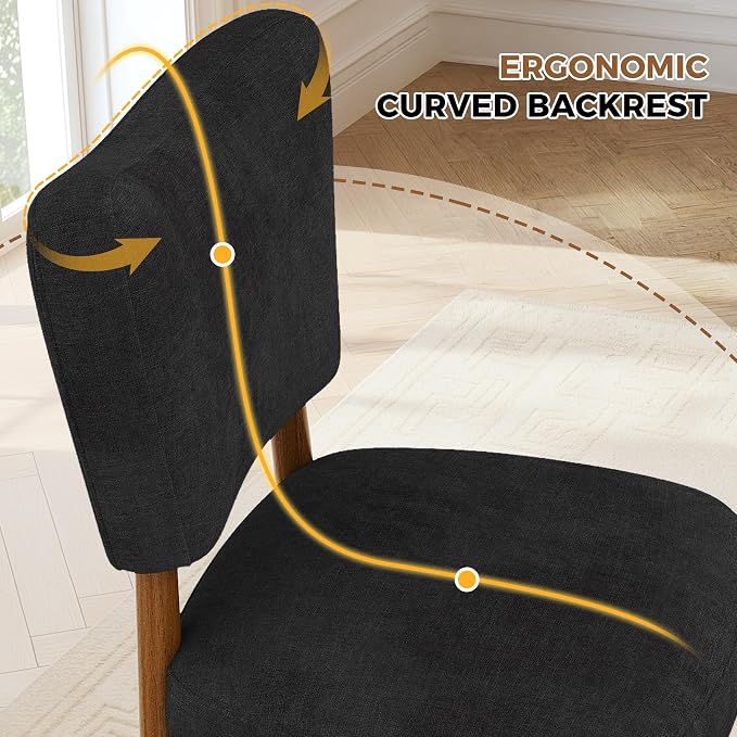 Dining Chairs Set of 6, Linen Upholstered, Solid Wood Legs, Black | Mid Century Farmhouse, Cross-Brace Reinforced, Padded Cushion, Easy 15-Min Assembly, Kitchen Dining Room