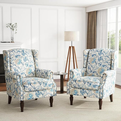 High Back Accent Chairs Set of 2, Floral Wingback Chair Fabric Upholstered Armchair for Living Room, Nailhead Trim Single Sofa Bedroom Reading Seat - Boho Blue