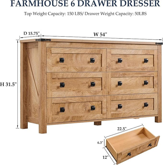 T4TREAM 54" Wide Farmhouse 6-Drawer Dresser for Bedroom, Light Knotty Oak | Rustic, Wood Storage Cabinet, Metal Handle, Unique Corner Accent, Bedroom, Living Room, Hallway