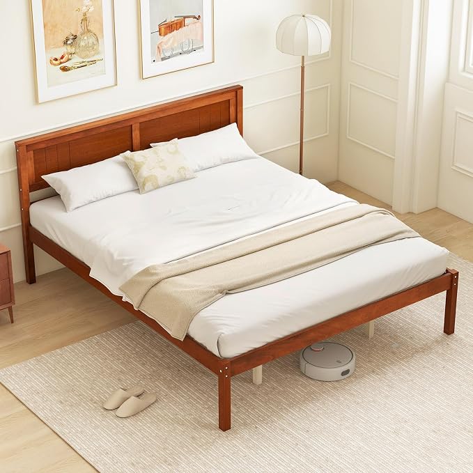 Giantex Queen Wood Platform Bed Frame with Headboard, Mid Century Queen Bed Frame with Wood Slat Support, Solid Wood Foundation with 16" Under Bed Storage, No Box Spring Needed, Easy Assembly