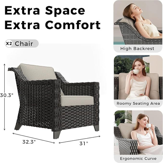 Patio 2 Pieces Wicker Chairs Set of 2，Outdoor PE Rattan Armchairs, Water-Resistant Cushions with Removable and Washable Covers, Porch, Balcony, Sunroom (Beige)