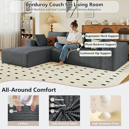 95" Cloud Sectional Couch with L-Shape Chaise, Modular Comfy Sofa Chaise Longue, Upholstered Corduroy Couches Sleeper with Deep Seat for Living Room Bedroom, No Assembly Required(Grey, Left Facing)