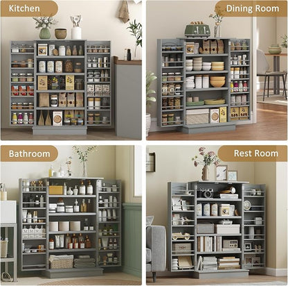HOMCOM 41" Kitchen Pantry Storage Cabinet, Freestanding Kitchen Cabinet with 12 Door Shelves, Double Doors, 5-Tier Shelving and Adjustable Shelves, Gray