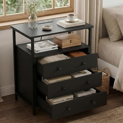Edbuosy 3 Wooden Drawers Night Stand, 27 Inch Wide Nightstand Set 2 with Charging Station and Adjustable Drawers, Small Dresser for Closet, Bedside Table for Living Room/Bedroom/Office, Black